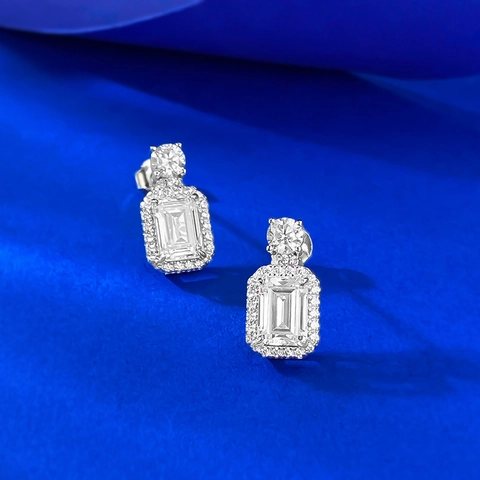 Orecchini a Bottone in Argento Sterling 925 Con Taglio Smeraldo e Strass per Donna Orecchini Halo Geometrici Regalo