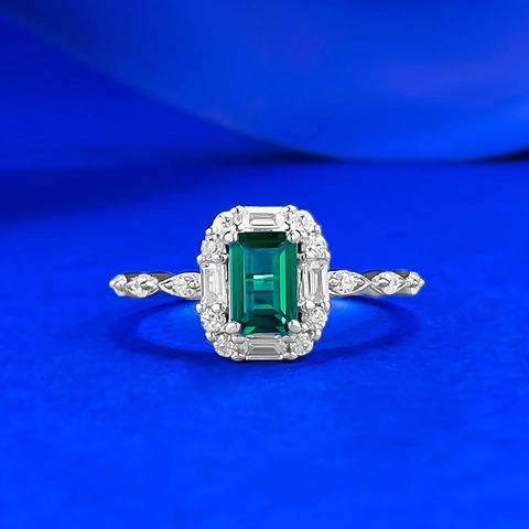 Anello in Argento Sterling 925 Vintage Con Strass Verde Taglio Smeraldo per Donna Elegante Halo Geometrico Fidanzamento Matrimonio Gioielli
