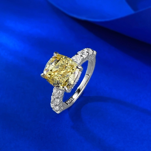 925 Sterling Silver Cushion Cut Yellow Rhinestone Ring Western Style Luxury Paved Inlaid Finger Ring Wedding Banquet Women Jewelry