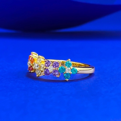 Anello in Argento Sterling 925 per Donna Lussuoso Anello Aperto con Fiori di Strass Colorati Gioielli Geometrici di Moda Regalo