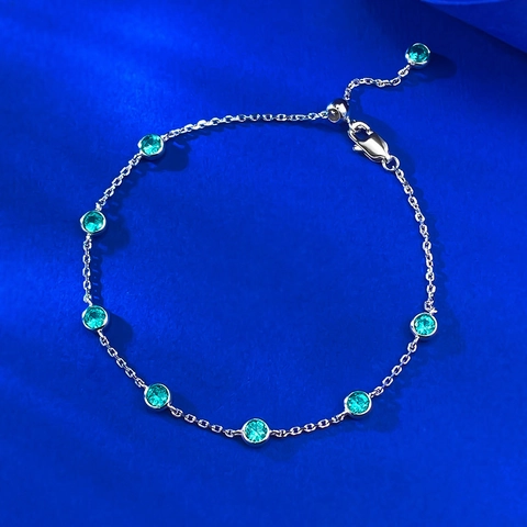 Braccialetto a Bolle Verde Paraiba in Argento Sterling 925 per Donna Incastonatura a Castone con Strass Catena Regolabile Gioielli alla Moda