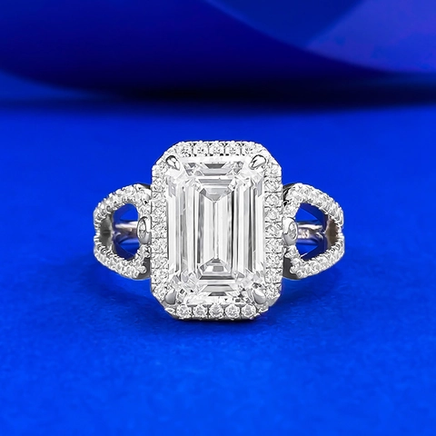 Lussuoso Anello in Argento Sterling S925 con Strass Taglio Smeraldo Halo Geometria Anello per Donna Matrimonio Gioielli