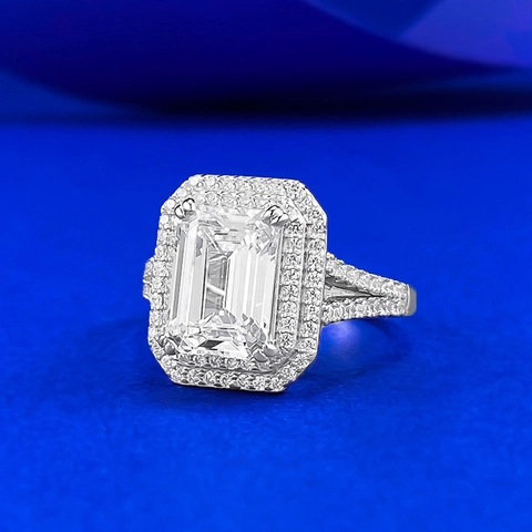 Luxurious 925 Sterling Silver Emerald Cut White Rhinestone Ring Double Halo Split Shank Pave Engagement Jewelry For Women