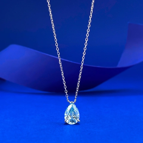 S925 Sterling Silver Pear Cut Sea Blue Rhinestone Pendant Necklace For Women Elegant Water Drop Fashion Jewelry