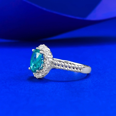 Luxury 925 Sterling Silver Oval Paraiba Green Rhinestone Halo Ring For Women Fresh Sweet Fashion Jewelry Accessory