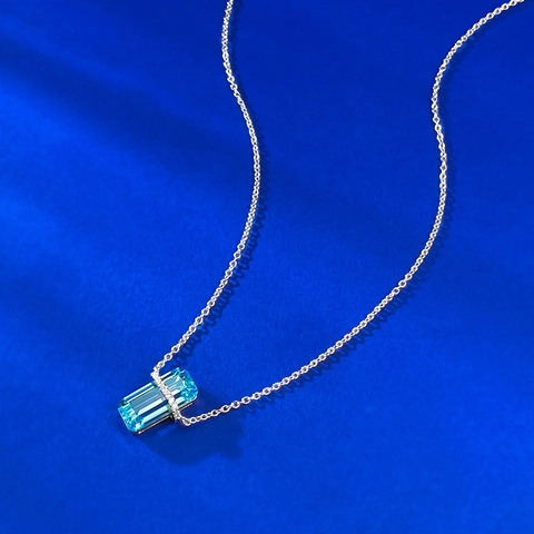 Collier Pendentif en Argent Sterling 925 Topaze Bleue Zirconia Pour Femmes Rectangulaire Géométrique Luxe Léger Bijoux Mode