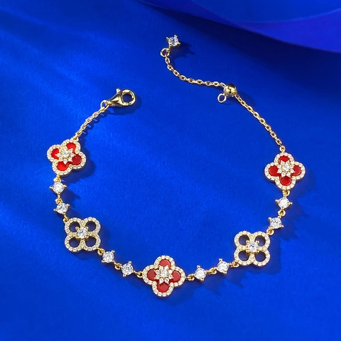 925 Sterlingsilber Vergoldet Roter Achat Vierblättriges Kleeblatt Verstellbares Armband Für Damen Luxus Strass Schmuck Geschenk
