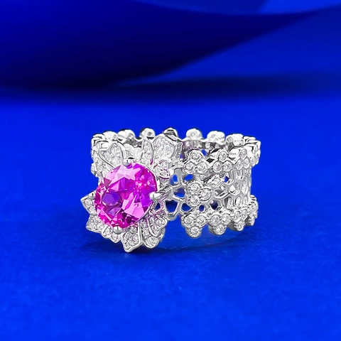 Luxury 925 Sterling Silver Ring For Women Oval Pink Gemstone Hollow Lace Inlaid Rhinestone Banquet Wedding Jewelry Accessory