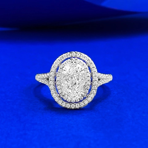 Luxury 925 Sterling Silver Oval Cut Rhinestone Double Halo Ring For Women Pave Setting Elegant Fashion Jewelry Finger Ring