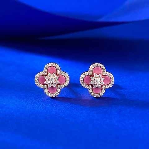S925 Sterling Silber Vierblättriges Kleeblatt Ohrstecker Für Damen Roségold Vergoldet Rosa Strass Eingelegt Modeschmuck Geschenk