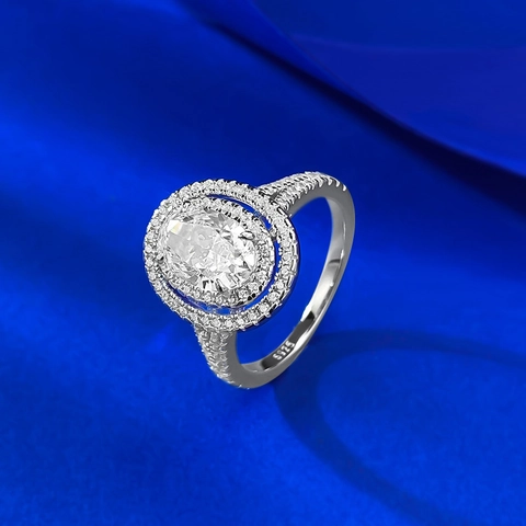 Luxury 925 Sterling Silver Oval Cut Rhinestone Double Halo Ring For Women Pave Setting Elegant Fashion Jewelry Finger Ring
