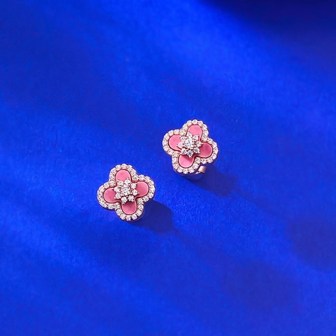 S925 Sterling Silber Vierblättriges Kleeblatt Ohrstecker Für Damen Roségold Vergoldet Rosa Strass Eingelegt Modeschmuck Geschenk
