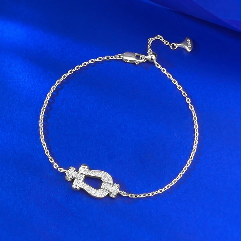 Pulsera de Herradura de Plata de Ley S925 Con Pavé de Diamantes de Imitación Hebilla en U Cadena Ajustable Joyería de Moda Elegante para Mujer