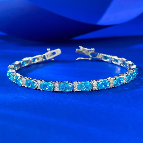 Bracciale in Argento Sterling 925 con Strass Blu Mare Elegante Taglio Ovale Gemma Blu Tennis Bracciale da Donna Gioielli