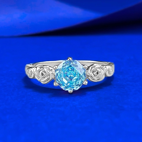 Anillo de Flor de Rosa de Plata de Ley 925 Vintage Color Aguamarina Diamante de Imitación Incrustado Joyería de Boda