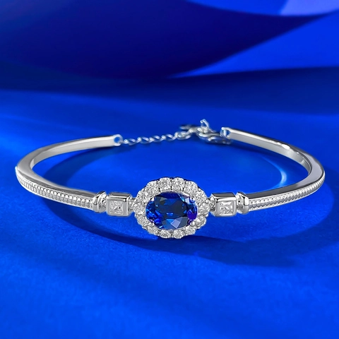 Bracciale Rigido in Argento Sterling S925 Zaffiro Artificiale Blu Reale Ovale Halo Strass Stile Palazzo Vintage Lusso Gioielli Donna
