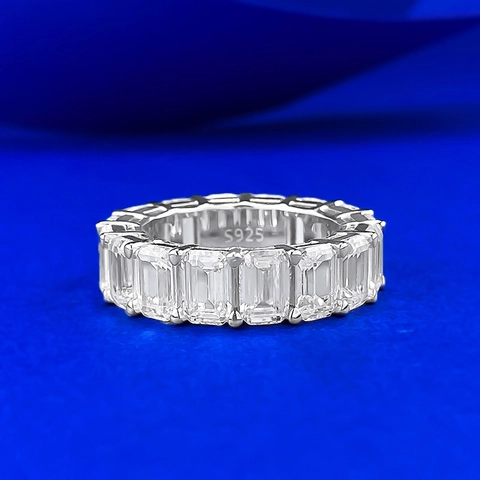 Luxury 925 Sterling Silver Emerald Cut Eternity Ring For Women Stackable Square Rhinestone Wedding Band Fashion Jewelry Ring