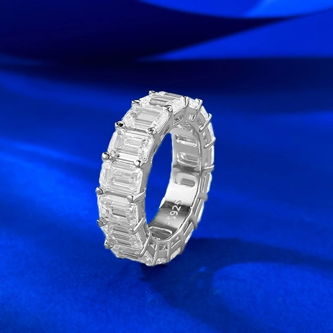 Luxury 925 Sterling Silver Emerald Cut Eternity Ring For Women Stackable Square Rhinestone Wedding Band Fashion Jewelry Ring
