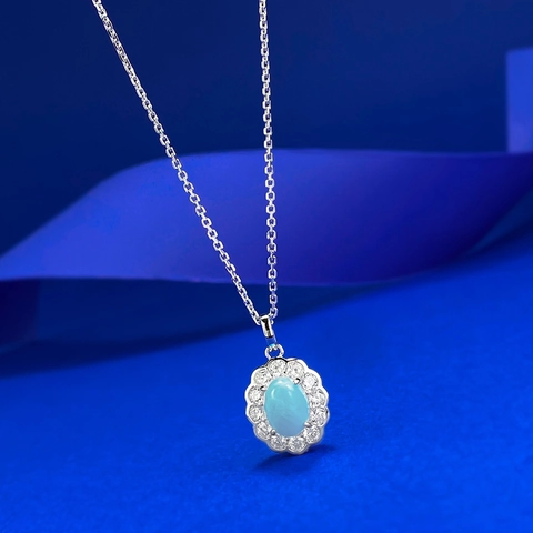 Collier Pendentif Larimar en Argent Sterling 925 pour Femme Élégant Pierre Naturelle Bleue Ovale Strass Halo Bijoux Cadeau