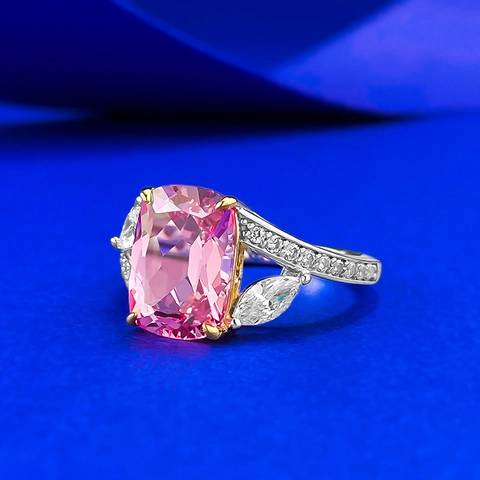 Lussuoso Anello in Argento Sterling 925 da Donna Zaffiro Rosa Sintetico Taglio Cushion Strass Intarsiato Gioielli di Moda Accessorio per Matrimonio