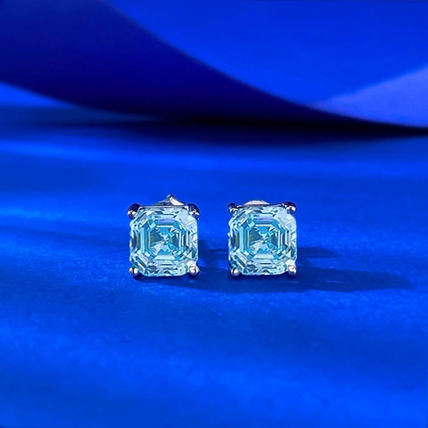 925 Sterling Silver Sea Blue Square Rhinestone Stud Earrings Geometric 4-Prong Setting Fashion Jewelry For Women Gift