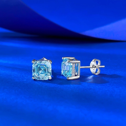 925 Sterling Silver Sea Blue Square Rhinestone Stud Earrings Geometric 4-Prong Setting Fashion Jewelry For Women Gift