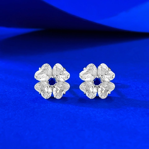 925 Sterling Silver Clover Stud Earrings For Women Heart Shaped Rhinestone Flower Earrings Blue Center Stone Fashion Jewelry