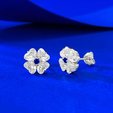925 Sterling Silver Clover Stud Earrings For Women Heart Shaped Rhinestone Flower Earrings Blue Center Stone Fashion Jewelry