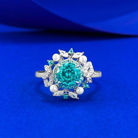 925 Sterling Silver Paraiba Blue Stone Flower Ring With Artificial Pearl Rhinestone Inlaid Vintage Jewelry For Women