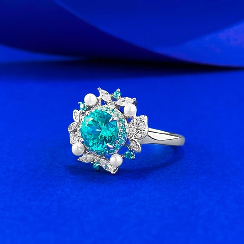 925 Sterling Silver Paraiba Blue Stone Flower Ring With Artificial Pearl Rhinestone Inlaid Vintage Jewelry For Women