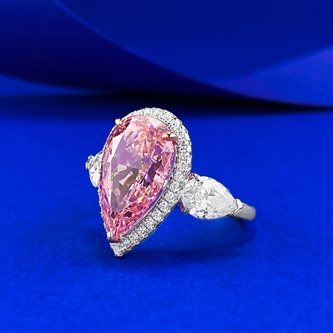 Luxury 925 Sterling Silver Pear Cut Pink Rhinestone Halo Statement Ring For Women Elegant Waterdrop Shaped Fashion Jewelry