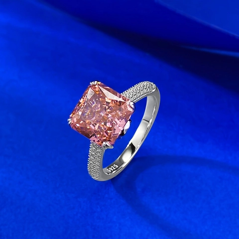 Anillo de Lujo de Plata de Ley 925 con Gema Rosa Padparadscha Corte Cojín Cuadrado Strass Joyería de Boda para Mujer