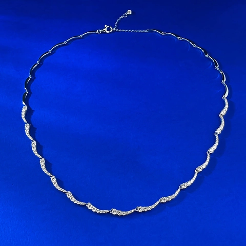925 Sterling Silver Water Ripple Smile Necklace Women Pave Rhinestone Wave Pendant Adjustable Elegant Everyday Jewelry