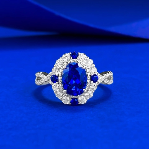 Vintage Palace Style 925 Sterling Silver Ring For Women Luxury Oval Blue Rhinestone Inlaid Ring Crisscross Band Fine Jewelry Gift