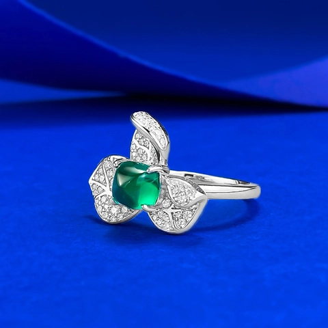 925 Sterling Silver Synthetic Emerald Sugarloaf Ring Fresh Bougainvillea Design Silver Green Rhinestone Ring For Women Fashion Jewelry