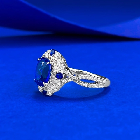 Vintage Palace Style 925 Sterling Silver Ring For Women Luxury Oval Blue Rhinestone Inlaid Ring Crisscross Band Fine Jewelry Gift