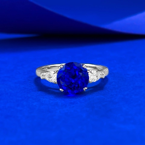 Anello in Argento Sterling 925 con Strass Blu Taglio Rotondo Tre Pietre Anello di Gioielli alla Moda per Donna Matrimonio Banchetto