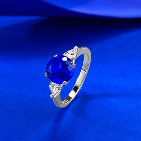 Anello in Argento Sterling 925 con Strass Blu Taglio Rotondo Tre Pietre Anello di Gioielli alla Moda per Donna Matrimonio Banchetto