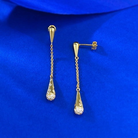 Orecchini a Goccia con Nappa Lunga in Argento Sterling S925 Oro Forma di Goccia d'Acqua per Donna Elegante Strass Gioielli