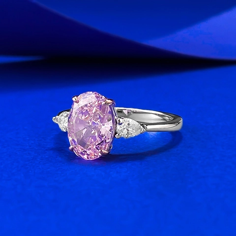 Luxe S925 Sterling Zilveren Ovalen Roze Zirconia Drie Stenen Ring Voor Vrouwen Klassiek Elegant Ijsbloem Slijpvorm Vingerring Sieraden Cadeau