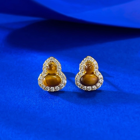 Orecchini a Bottone in Argento Sterling 925 a Forma di Zucca Wu Lou Con Pietra Occhio di Tigre e Strass Placcati in Oro
