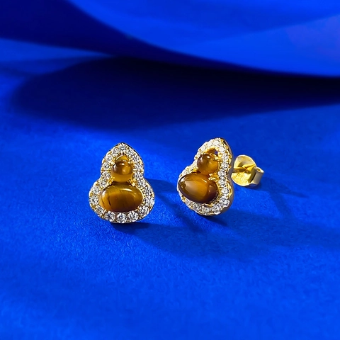 Orecchini a Bottone in Argento Sterling 925 a Forma di Zucca Wu Lou Con Pietra Occhio di Tigre e Strass Placcati in Oro