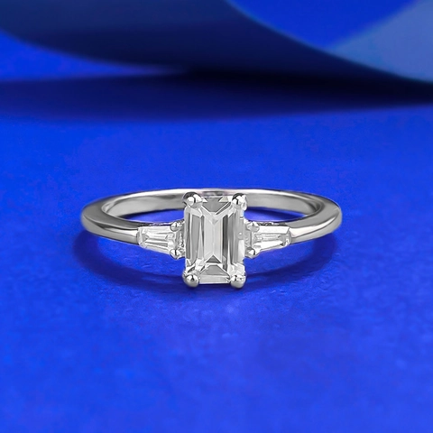 Bague en Argent Sterling S925 Taille Émeraude Carrée Strass Minimaliste Trois Pierres Géométrie Bijoux de Mode Cadeau Femme