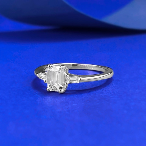 Bague en Argent Sterling S925 Taille Émeraude Carrée Strass Minimaliste Trois Pierres Géométrie Bijoux de Mode Cadeau Femme