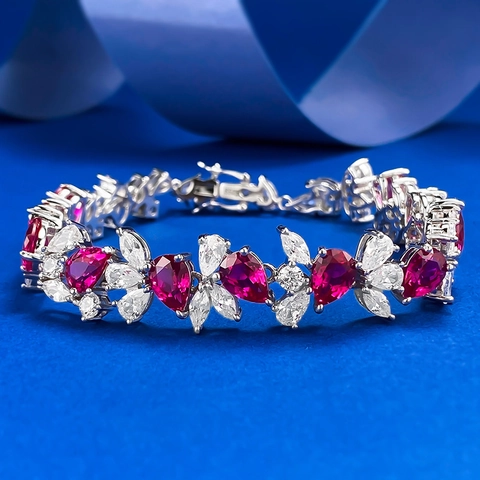 Bracciale in Argento Sterling S925 Con Strass Rosso Sangue di Piccione da Donna Squisito Design Floreale Gioielli