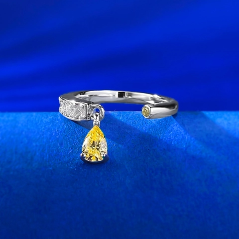 Anillo Abierto Ajustable de Plata de Ley 925 para Mujer Colgante de Gota de Agua con Strass Amarillo Joyería de Moda Minimalista Regalo