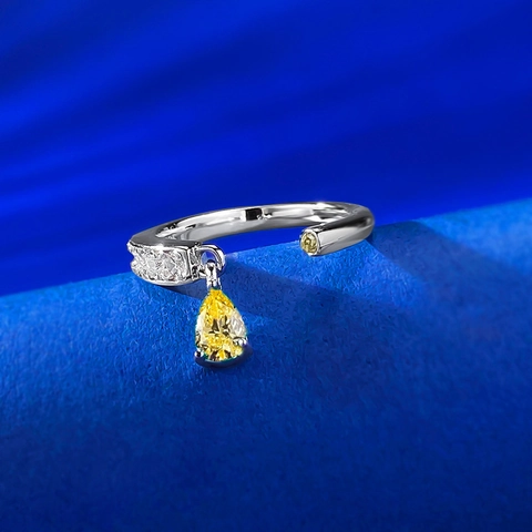 Anillo Abierto Ajustable de Plata de Ley 925 para Mujer Colgante de Gota de Agua con Strass Amarillo Joyería de Moda Minimalista Regalo
