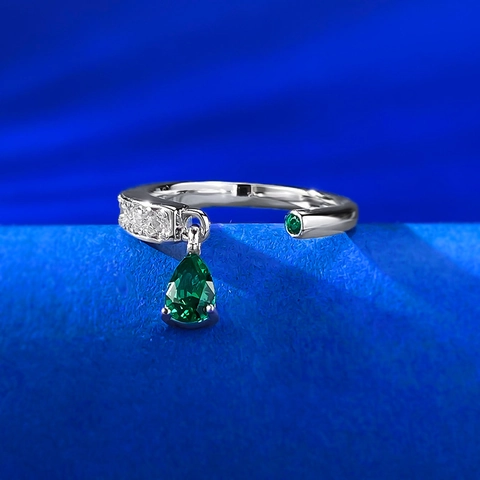 925 Sterling Silver Green Water Drop Open Ring For Women Minimalist Rhinestone Inlaid Adjustable Ring Fashion Jewelry Gift