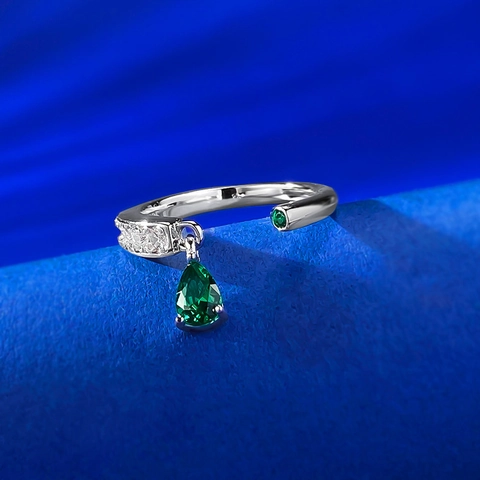 925 Sterling Silver Green Water Drop Open Ring For Women Minimalist Rhinestone Inlaid Adjustable Ring Fashion Jewelry Gift