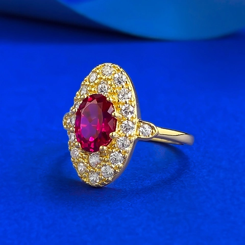 925 Sterlingsilber Ring Für Damen Oval Roter Zirkonia Retro Hofstil Vergoldet Strass Eingelegt Luxuriöser Schmuck